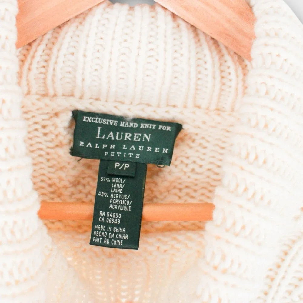 Lauren Ralph Lauren Petite Hand Knit Cream Wool Fisherman Turtleneck Sweater P/P